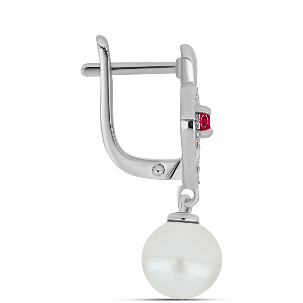 Pendientes de Plata con Rubí de Madagascar y Perla blanca de agua dulce