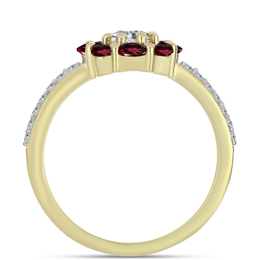 Anillo de Plata Bañada en Oro con Granate Rodolita y Topacio Blanco