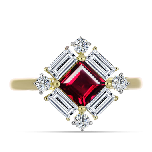 Anillo de Plata Bañada en Oro con Granate Rodolita y Topacio Blanco