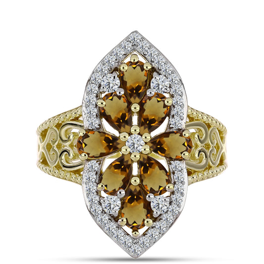 Anillo de Plata Bañada en Oro con Cuarzo Coñac y Topacio Blanco