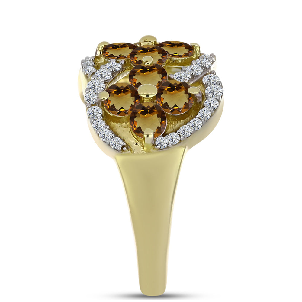 Anillo de Plata Bañada en Oro con Cuarzo Coñac y Topacio Blanco