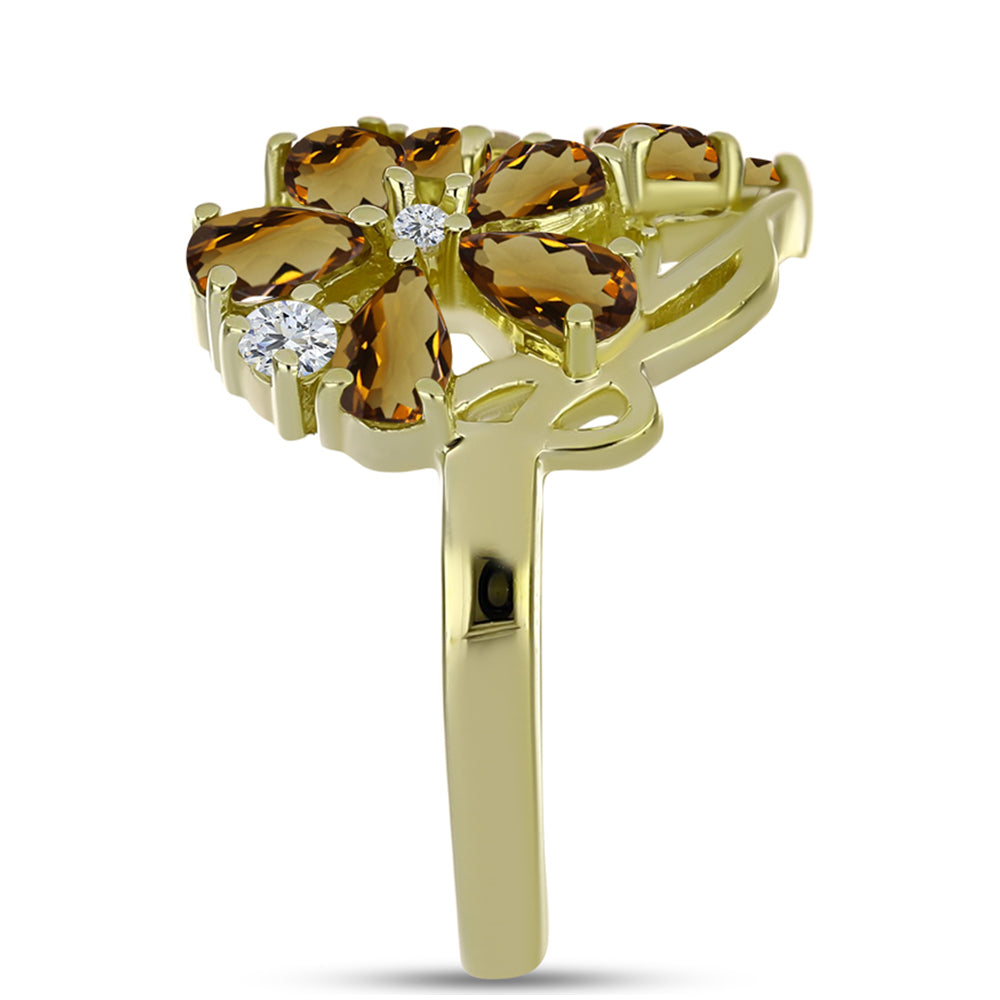 Anillo de Plata Bañada en Oro con Cuarzo Coñac y Topacio Blanco