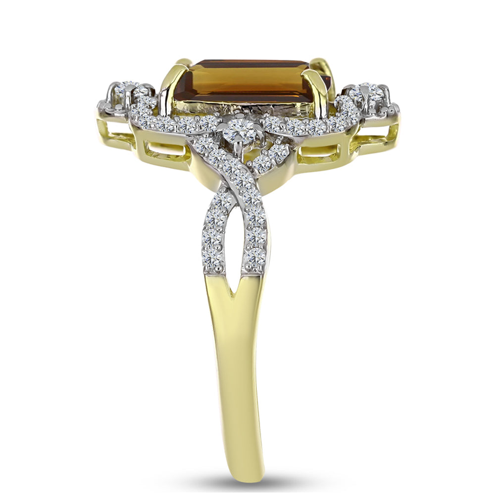 Anillo de Plata Bañada en Oro con Cuarzo Coñac y Topacio Blanco