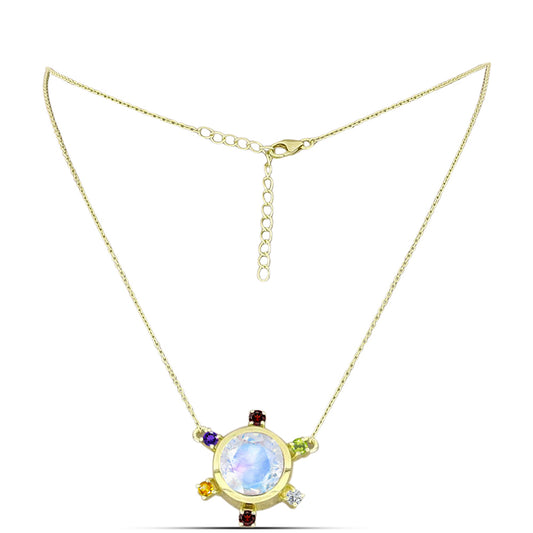 Collar de Plata Bañada en Oro con Piedra Lunar Arco Iris y Amatista de Marruecos