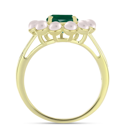 Anillo de Plata Bañada en Oro con Ágata Verde y Perla de Agua Dulce