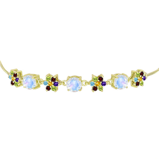 Pulsera de Plata Bañada en Oro con Piedra Lunar Arco Iris y Amatista de Marruecos