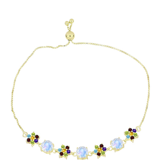 Pulsera de Plata Bañada en Oro con Piedra Lunar Arco Iris y Amatista de Marruecos