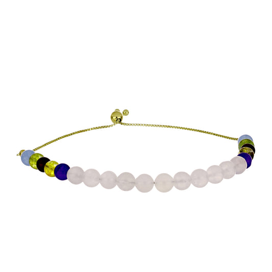 Pulsera de Plata Bañada en Oro con Piedra Lunar Arco Iris y Amatista de Marruecos