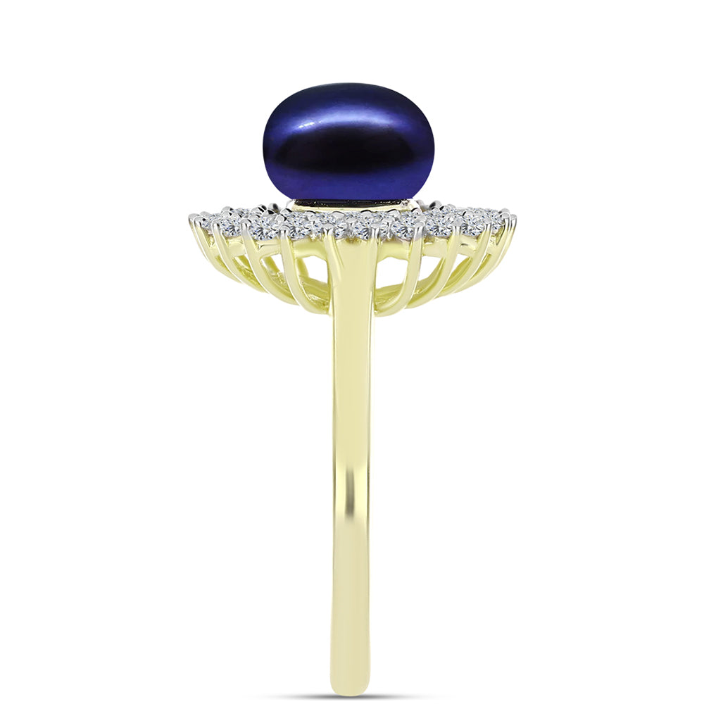 Anillo de Plata Bañada en Oro con Perla Negra de Agua dulce y Topacio Blanco