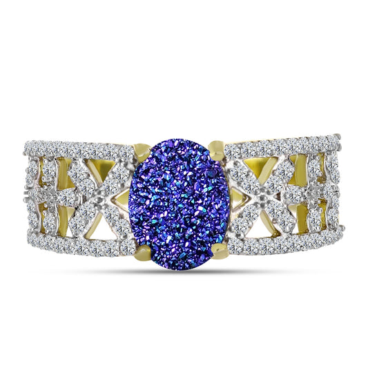 Anillo de Plata Bañada en Oro con Drusa Purpura y Topacio Blanco