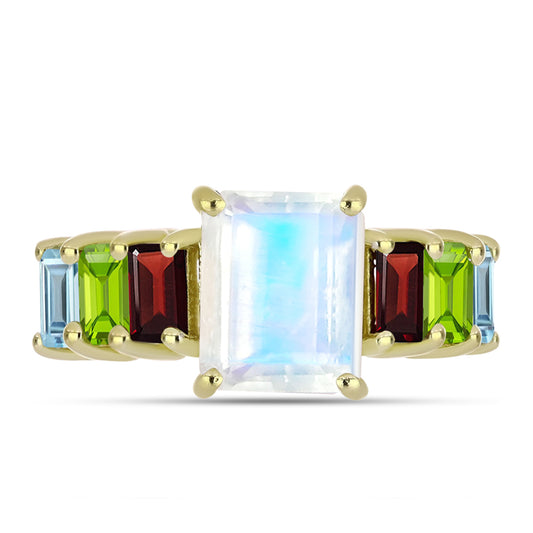 Anillo de Plata Bañada en Oro con Piedra Lunar Arco Iris y Granate Barton