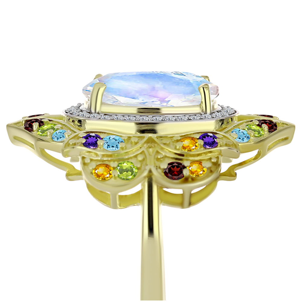 Anillo de Plata Bañada en Oro con Piedra Lunar Arco Iris y Amatista de Marruecos