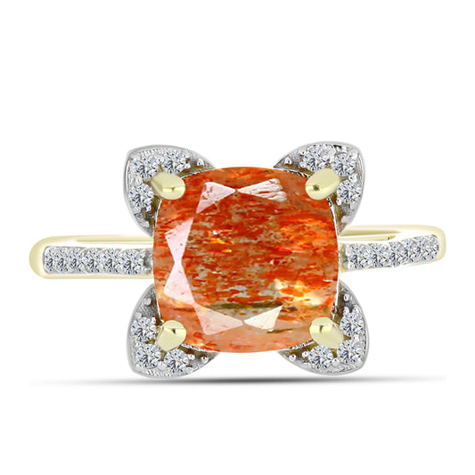 Anillo de Plata Bañada en Oro con Piedra Solar de Oregon y Topacio Blanco