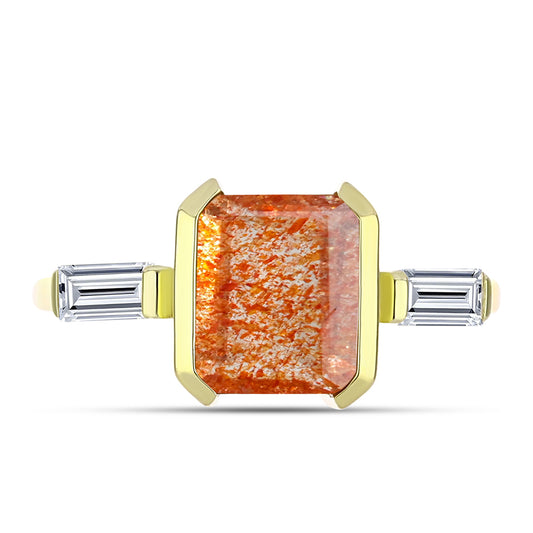 Anillo de Plata Bañada en Oro con Piedra Solar de Oregon y Topacio Blanco