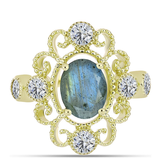 Anillo de Plata Bañada en Oro con Labradorita y Topacio Blanco