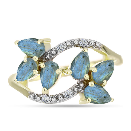 Anillo de Plata Bañada en Oro con Labradorita y Topacio Blanco