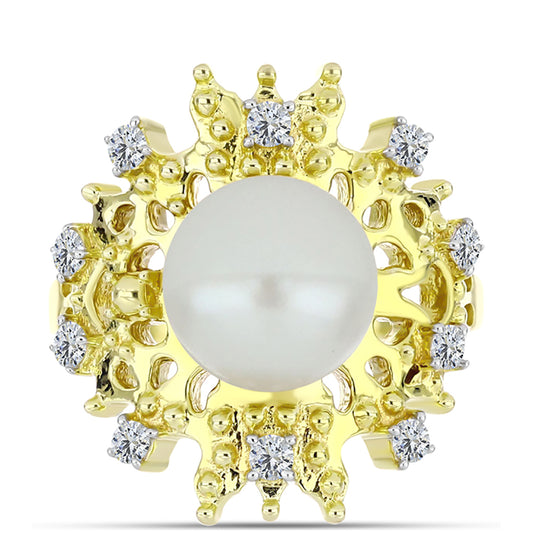 Anillo de Plata Bañada en Oro con Perla de Agua Dulce y Topacio Blanco