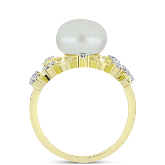 Anillo de Plata Bañada en Oro con Perla de Agua Dulce y Topacio Blanco