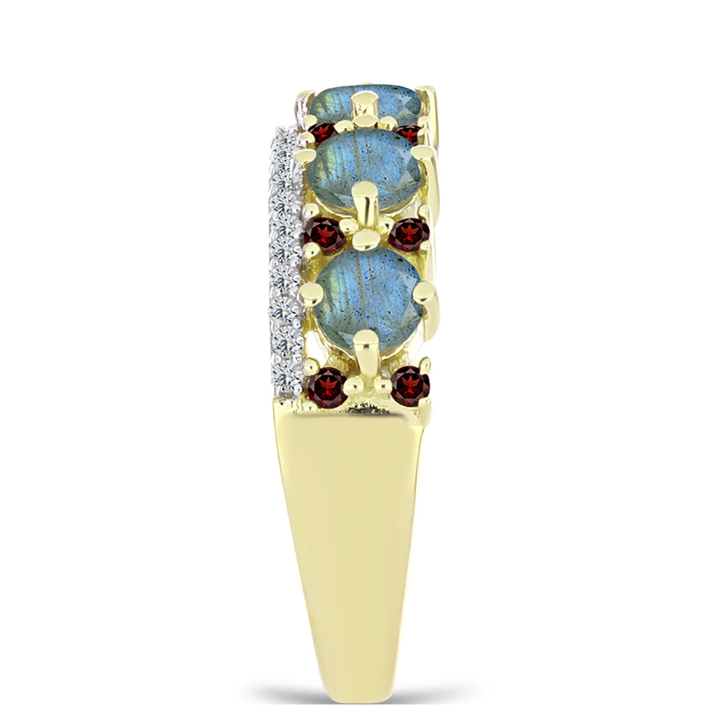 Anillo de Plata Bañada en Oro con Labradorita y Granate Barton