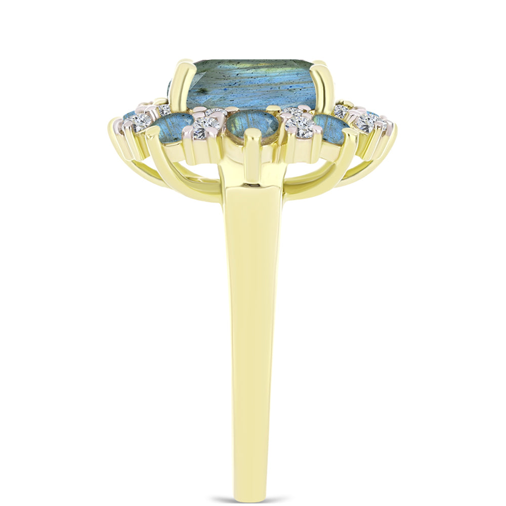 Anillo de Plata Bañada en Oro con Labradorita y Topacio Blanco