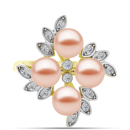 Anillo de Plata Bañada en Oro con Perla de agua dulce melocotón y Topacio Blanco