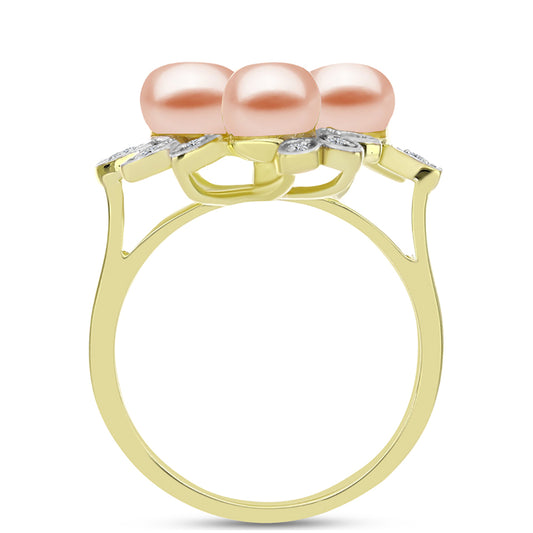 Anillo de Plata Bañada en Oro con Perla de agua dulce melocotón y Topacio Blanco