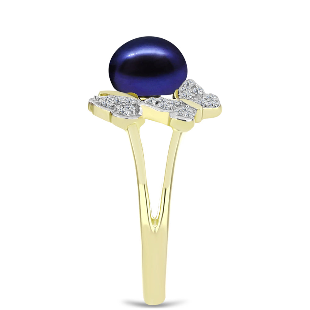 Anillo de Plata Bañada en Oro con Perla de río negra y Topacio Blanco