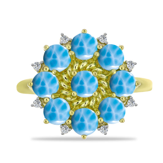 Anillo de Plata Bañada en Oro con Larimar y Topacio Blanco