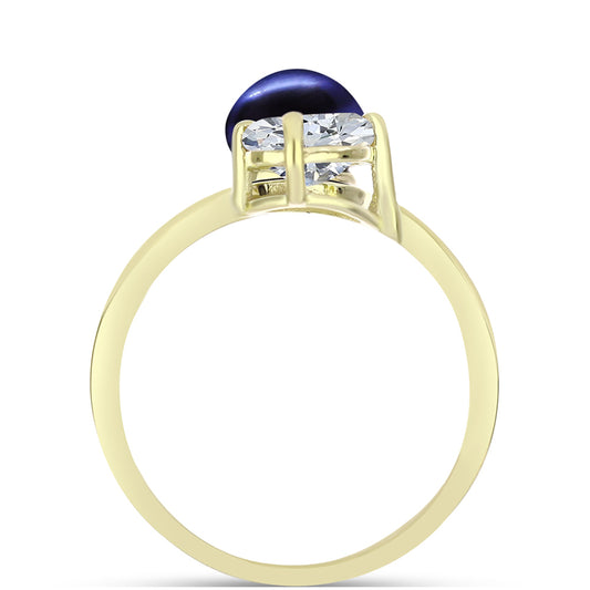 Anillo de Plata Bañada en Oro con Perla Negra de Agua dulce y Topacio Blanco