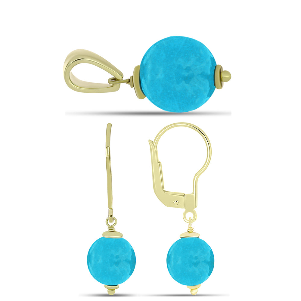 Conjunto de Plata Bañada en Oro con Jade Azul ( Pendientes +Colgante )