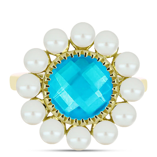 Anillo de Plata Bañada en Oro con Jade Azul y Perla de Agua Dulce