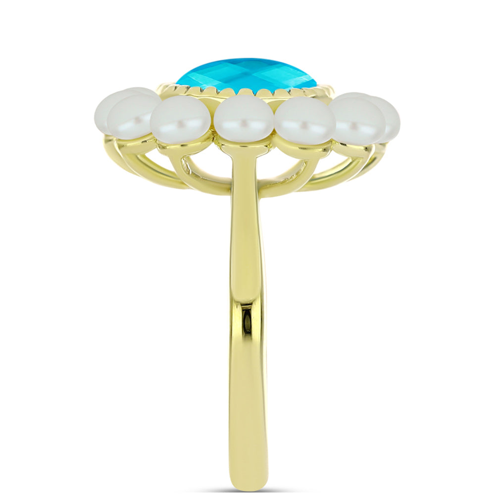Anillo de Plata Bañada en Oro con Jade Azul y Perla de Agua Dulce