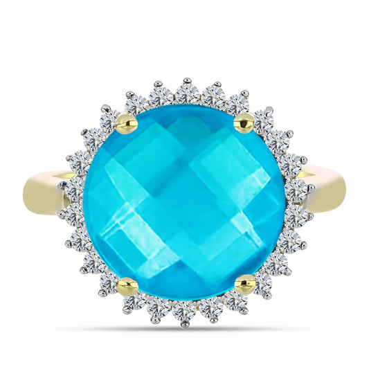 Anillo de Plata Bañada en Oro con Jade Azul y Topacio Blanco