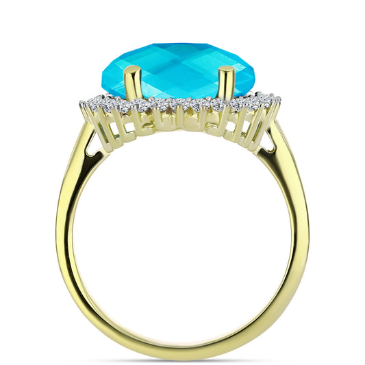 Anillo de Plata Bañada en Oro con Jade Azul y Topacio Blanco