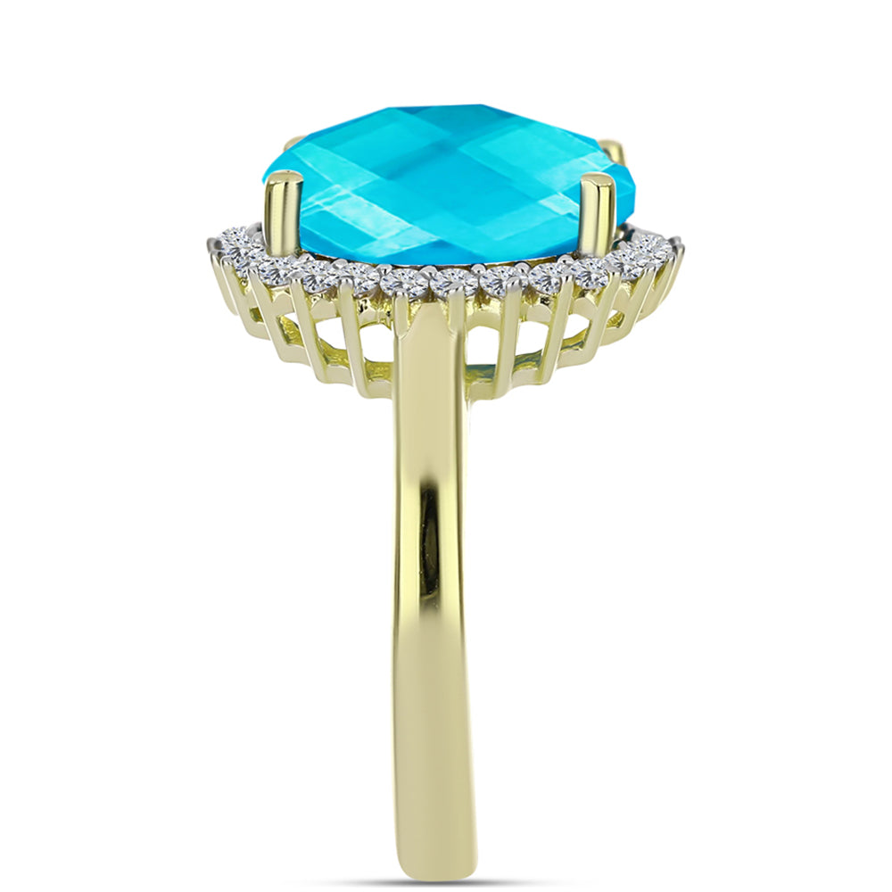 Anillo de Plata Bañada en Oro con Jade Azul y Topacio Blanco