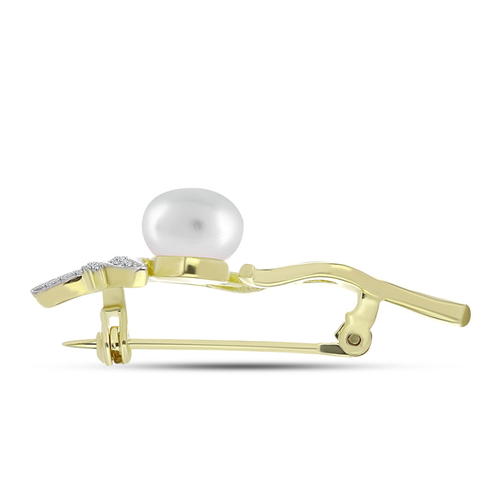 Broche de Plata Bañada en Oro con Perla de Agua Dulce y Topacio Blanco