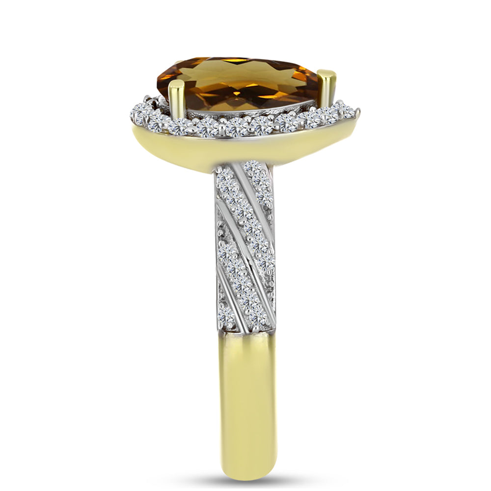 Anillo de Plata Bañada en Oro con Cuarzo Coñac y Topacio Blanco