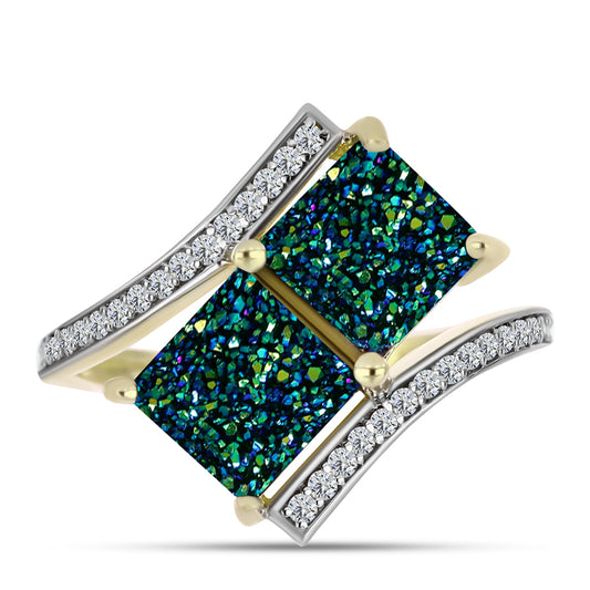 Anillo de Plata Bañada en Oro con Drusa Verde y Topacio Blanco