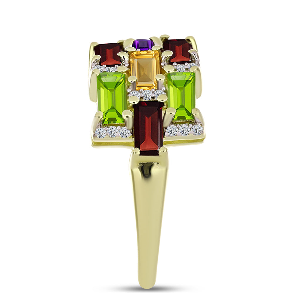 Anillo de Plata Bañada en Oro con Amatista de Marruecos y Citrino de los Montes Urales