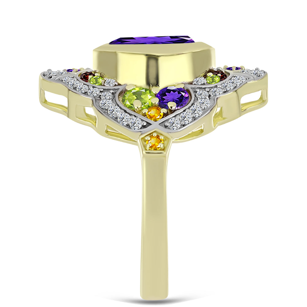 Anillo de Plata Bañada en Oro con Amatista de Marruecos y Citrino de los Montes Urales