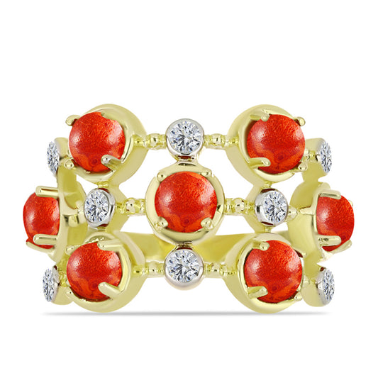 Anillo de Plata Bañada en Oro con Coral de Esponja Roja y Topacio Blanco