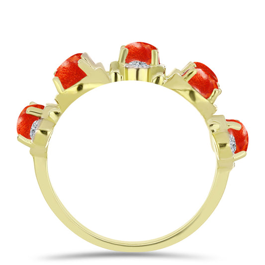 Anillo de Plata Bañada en Oro con Coral de Esponja Roja y Topacio Blanco