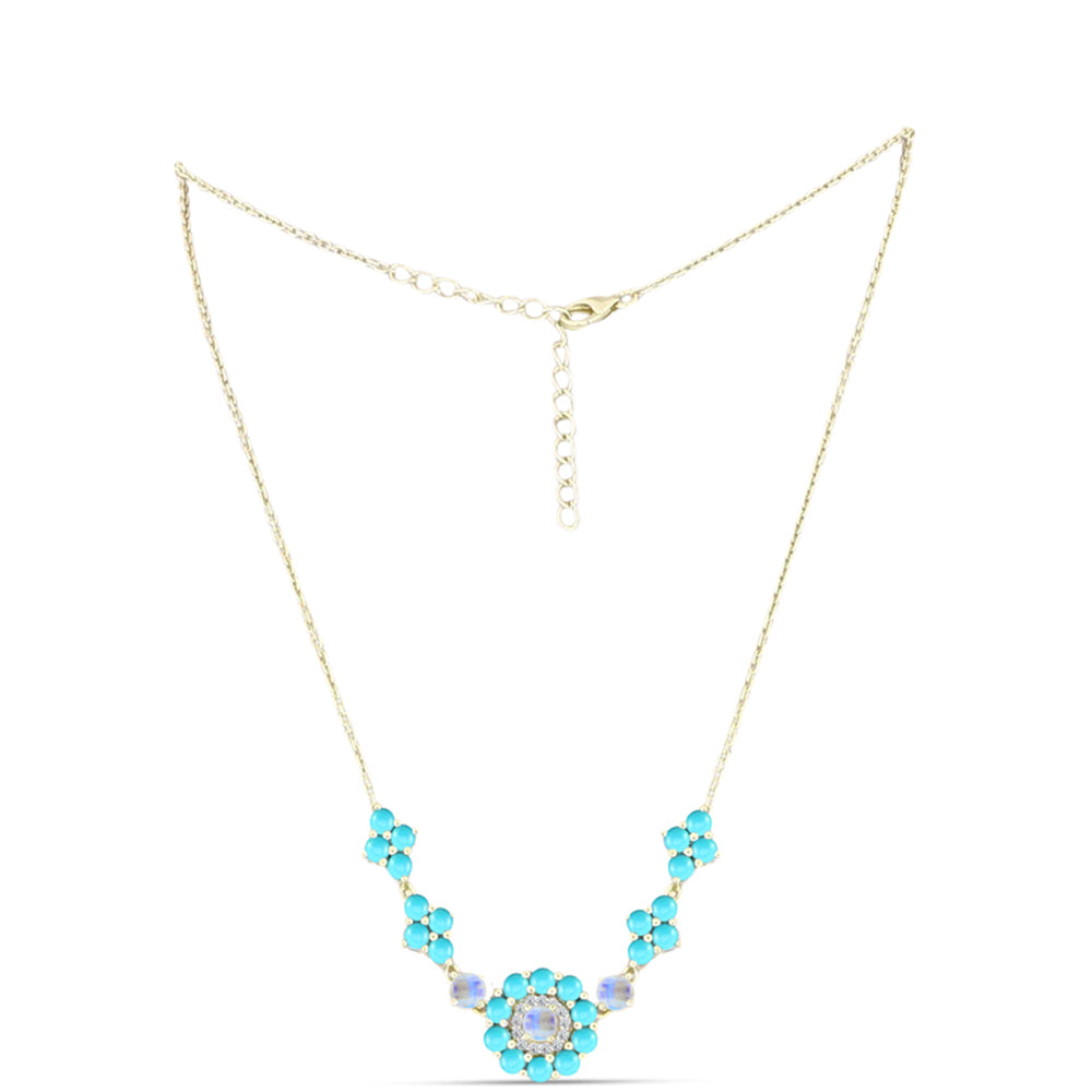 Collar de Plata Bañada en Oro con Turquesa Bella Durmiente y Piedra Lunar Arco Iris