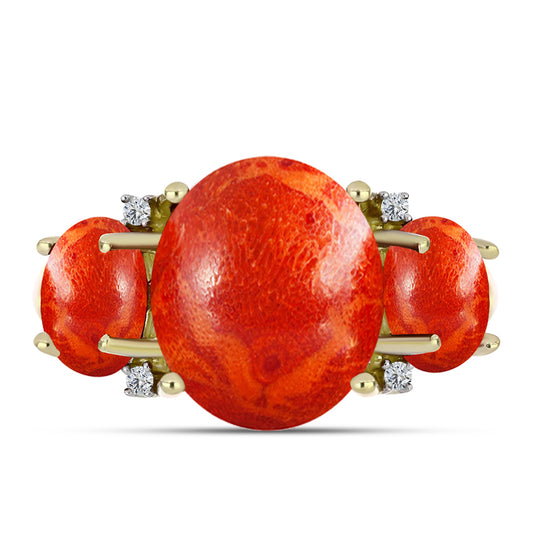 Anillo de Plata Bañada en Oro con Coral de Esponja Roja y Topacio Blanco