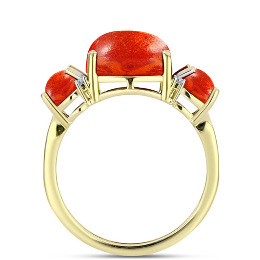 Anillo de Plata Bañada en Oro con Coral de Esponja Roja y Topacio Blanco