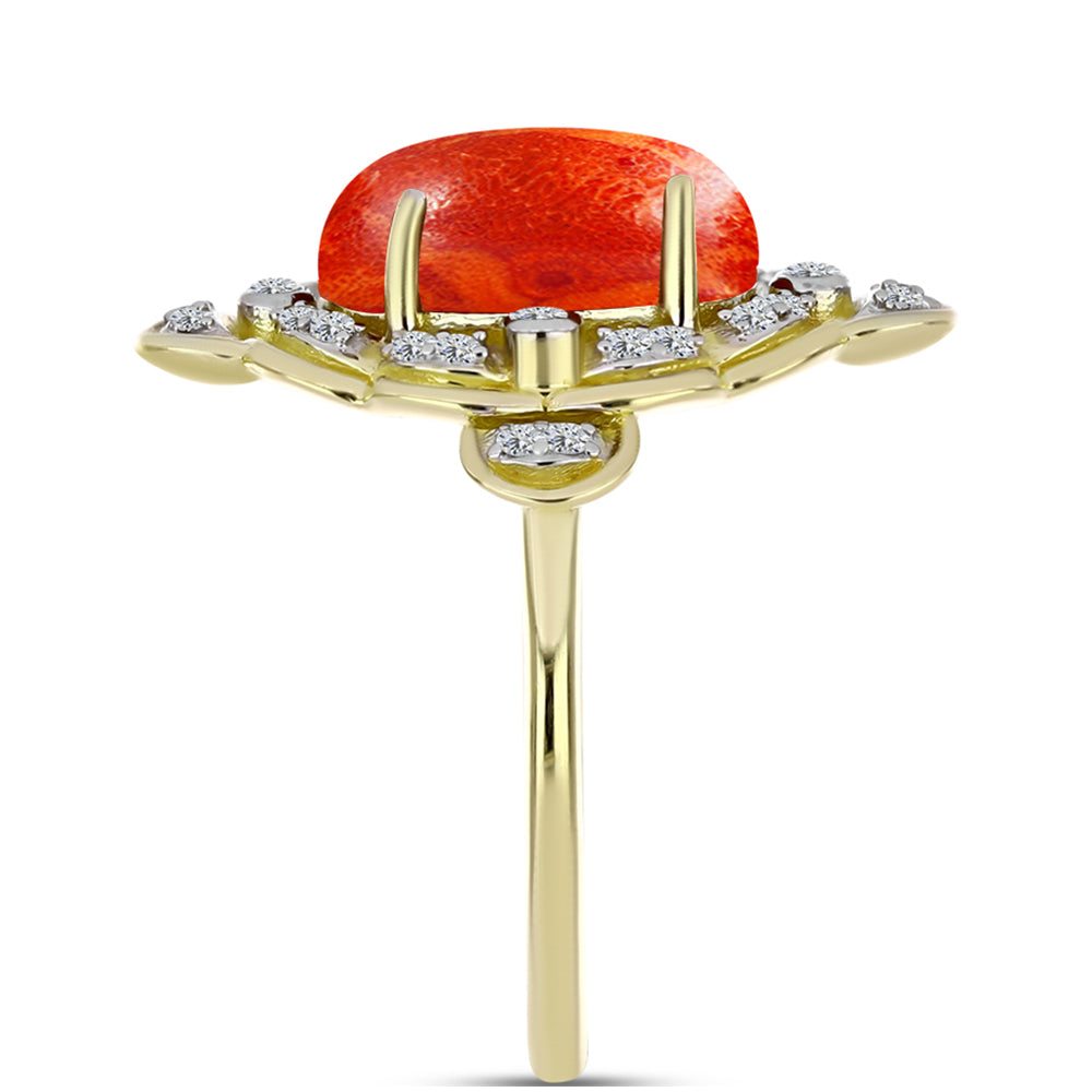 Anillo de Plata Bañada en Oro con Coral de Esponja Roja y Topacio Blanco