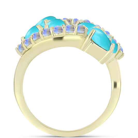 Anillo de Plata Bañada en Oro con Turquesa Bella Durmiente y Piedra Lunar Arco Iris