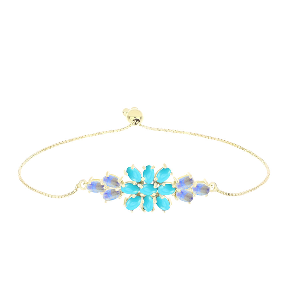 Pulsera de Plata Bañada en Oro con Turquesa Bella Durmiente y Piedra Lunar Arco Iris