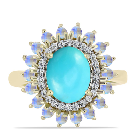 Anillo de Plata Bañada en Oro con Turquesa Bella Durmiente y Piedra Lunar Arco Iris