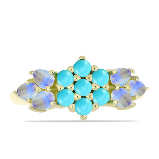 Anillo de Plata Bañada en Oro con Turquesa Bella Durmiente y Piedra Lunar Arco Iris